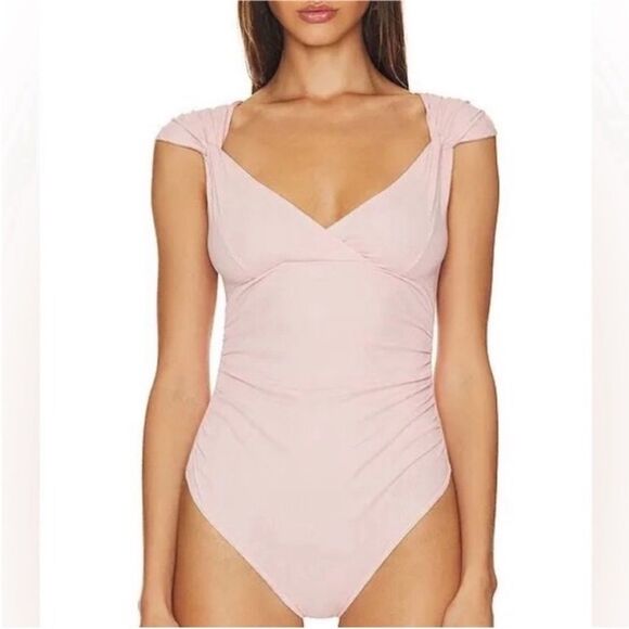 NWT Free People Another Love Stretchy Ribbed Thong Vneck Bodysuit Silver Pink XS - Picture 10 of 15